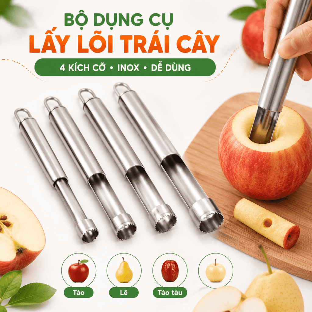 Bộ Dụng Cụ Tách Hạt, Lấy Lõi Trái Cây 4 Kích Cỡ | Inox | Dùng Cho Táo, Lê, Táo Tàu