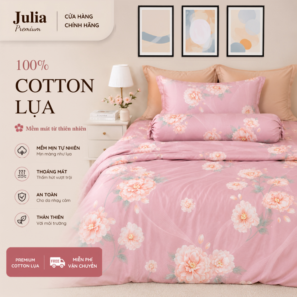 Bộ Chăn Ga Gối Cotton Lụa 100% sợi tự nhiên Cao Cấp Julia- Mềm Mịn, Thoáng Mát, Ga Giường Bọc Thun – Hồng Hoa 602