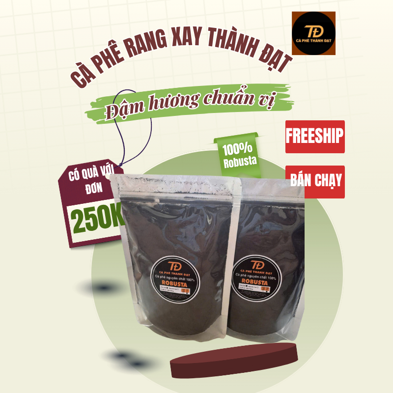 túi 200g cà phê rang xay Thành Đạt 100% từ hạt cà phê Robusta không chất bảo quản