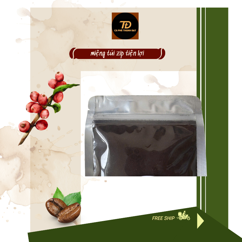 túi 200g cà phê rang xay Thành Đạt 100% từ hạt cà phê Robusta không chất bảo quản
