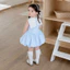 Váy bé gái cổ thủy thủ phối nơ chân váy bồng bềnh phong cách hàn quốc, Váy mùa hè bé gái cổ trắng phối nơ đáng yêu S24