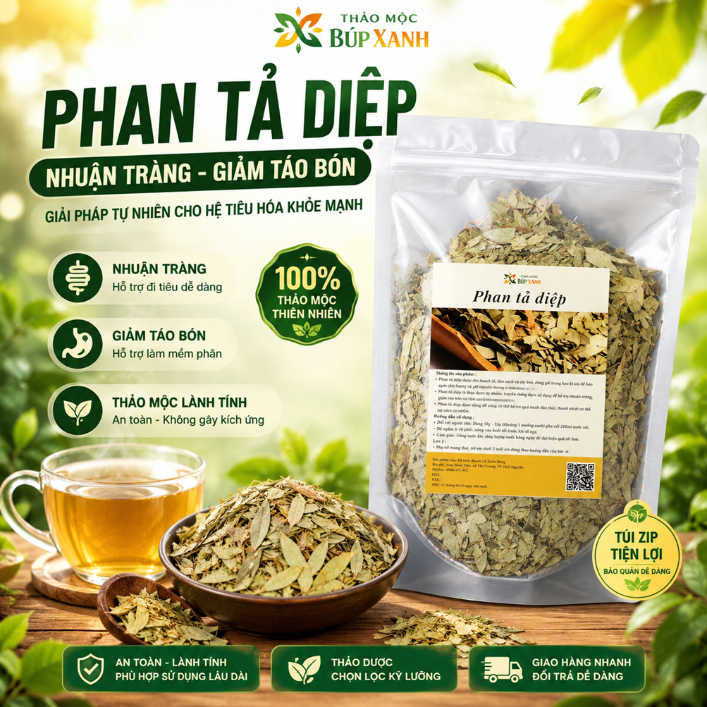 Phan Tả Diệp Sấy Khô nhuận tràng, hỗ trợ giảm táo bón và thanh lọc đường ruột Thảo Mộc Búp Xanh