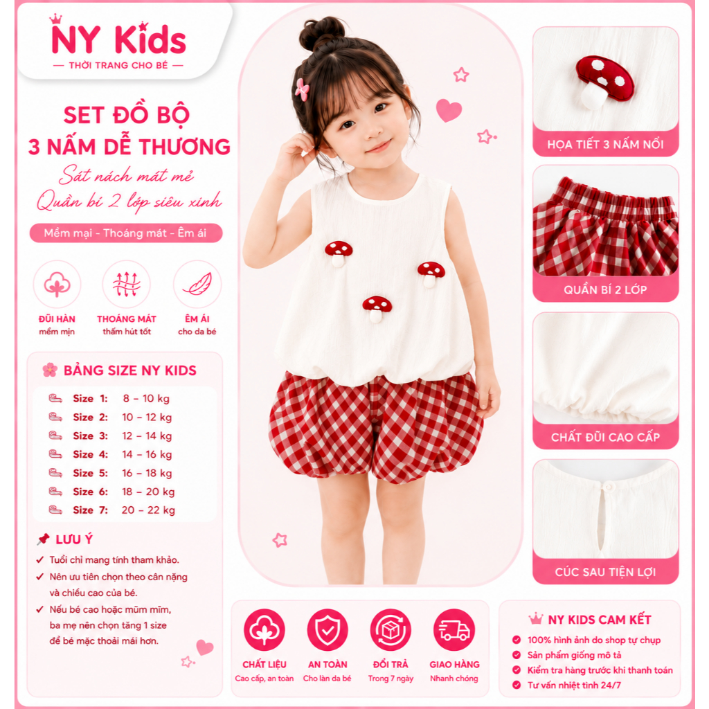 Sét Bộ Đồ Bé Gái Sát Nách Quần Bí 2 Lớp Họa Tiết 3 Nấm Chất Đũi Mềm Mát Mùa Hè F12