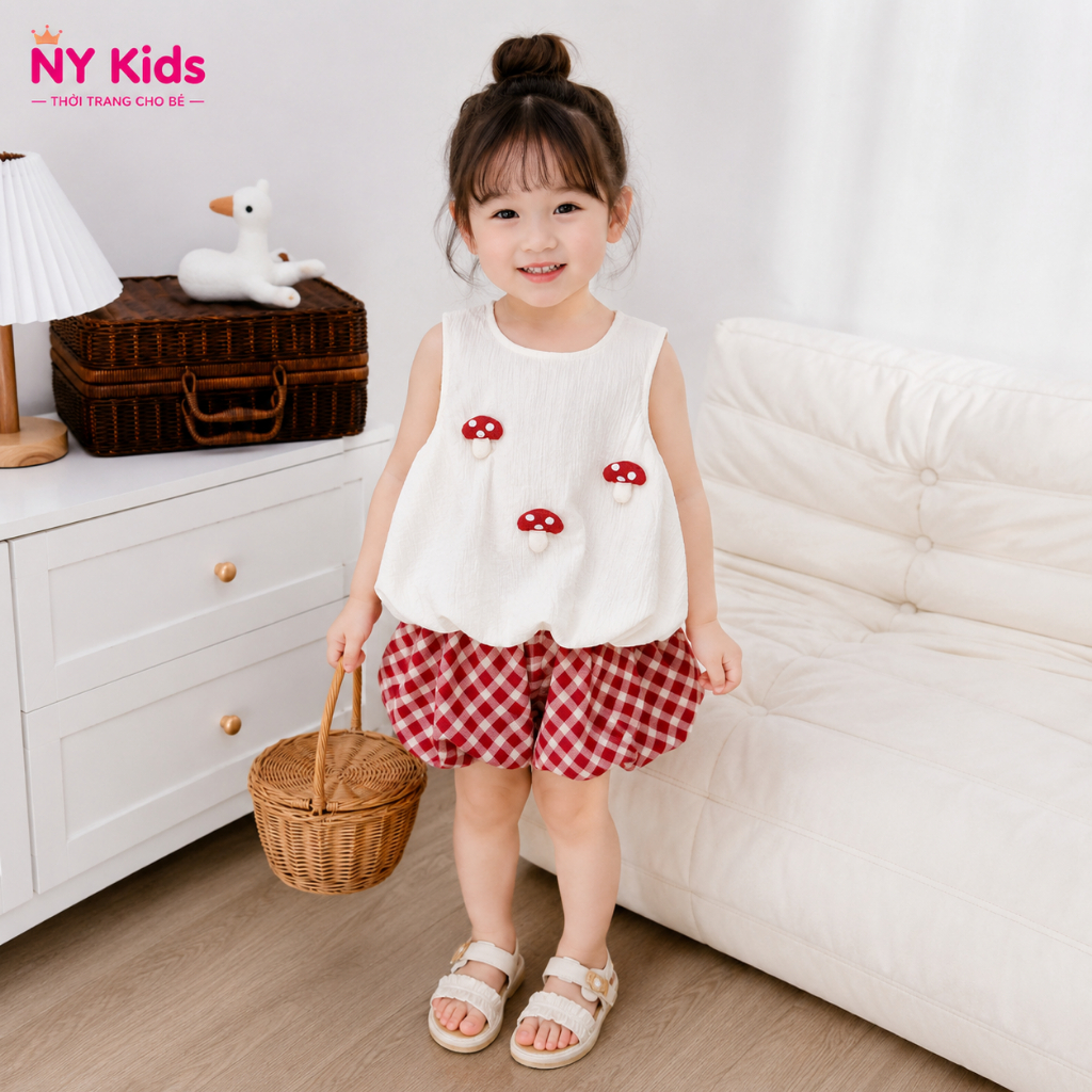 Sét Bộ Đồ Bé Gái Sát Nách Quần Bí 2 Lớp Họa Tiết 3 Nấm Chất Đũi Mềm Mát Mùa Hè F12