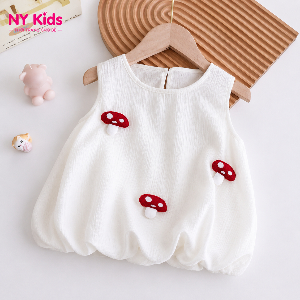 Sét Bộ Đồ Bé Gái Sát Nách Quần Bí 2 Lớp Họa Tiết 3 Nấm Chất Đũi Mềm Mát Mùa Hè F12