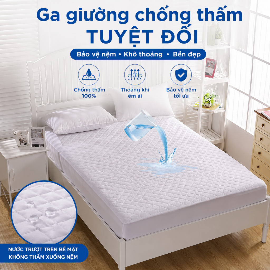 Ga Chống Thấm TOPAZ 3 Lớp Mặt Cotton Mềm Mại Không Bí Phù Hợp Với Mọi Loại Đệm