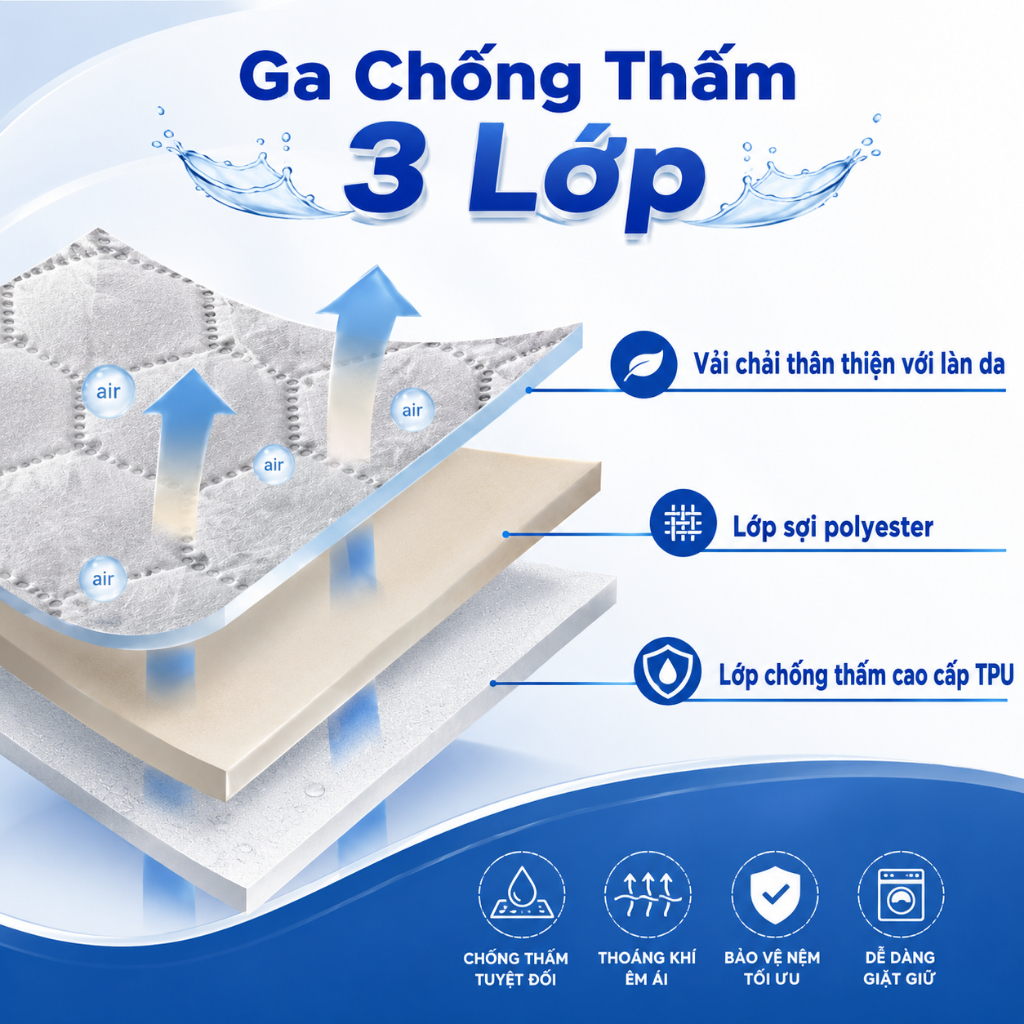 Ga Chống Thấm TOPAZ 3 Lớp Mặt Cotton Mềm Mại Không Bí Phù Hợp Với Mọi Loại Đệm