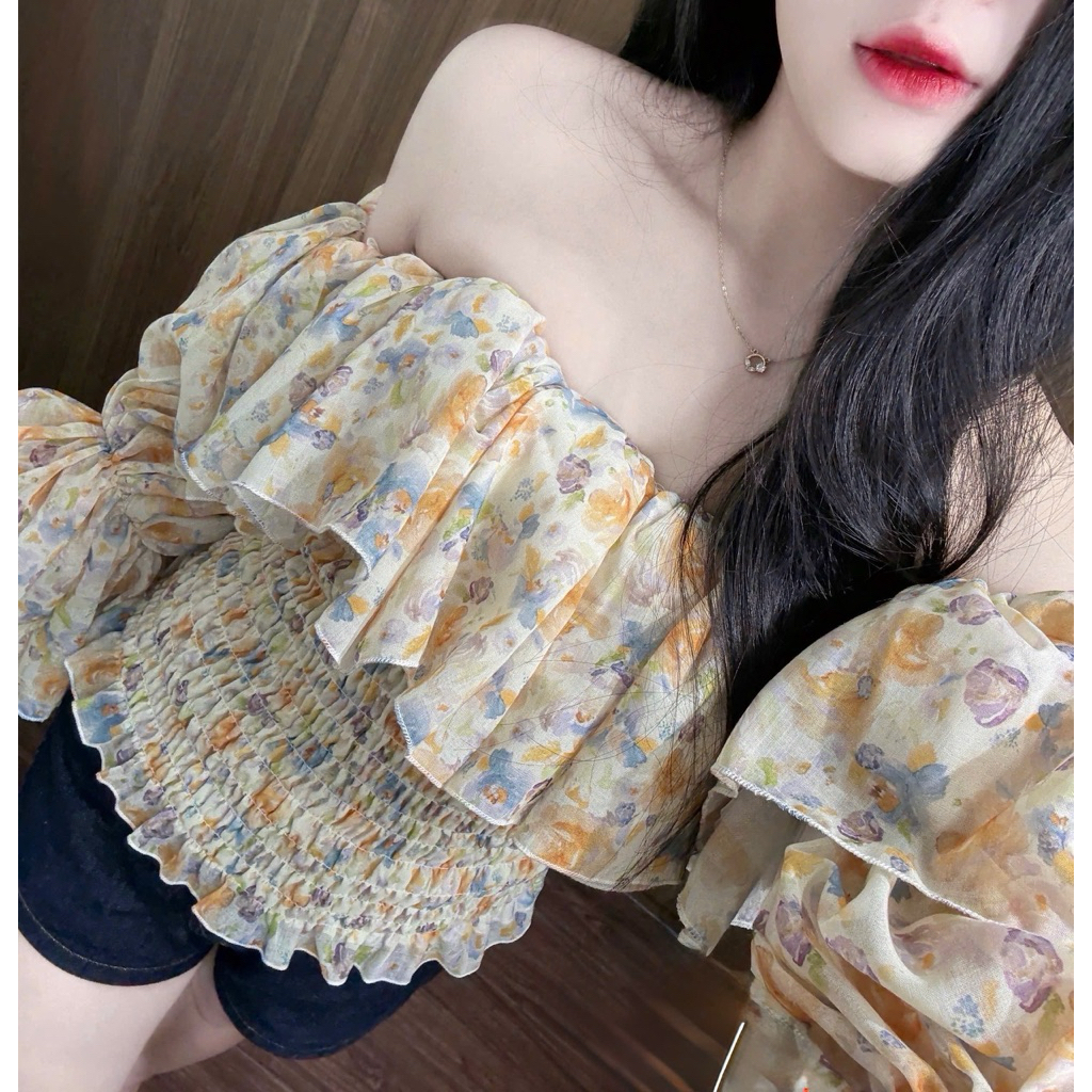 Áo trễ vai hoa bèo thiết kế mix đồ xinh xỉu