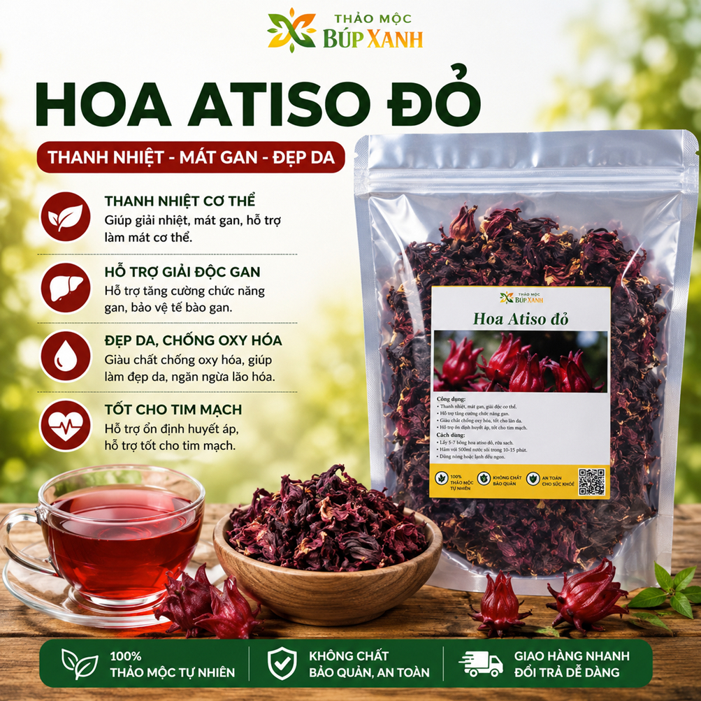 Hoa atiso đỏ, Bụp giấm khô 1kg thanh nhiệt giải khát, giàu vitamin C, chóng oxy hóa Thảo Mộc Búp Xanh