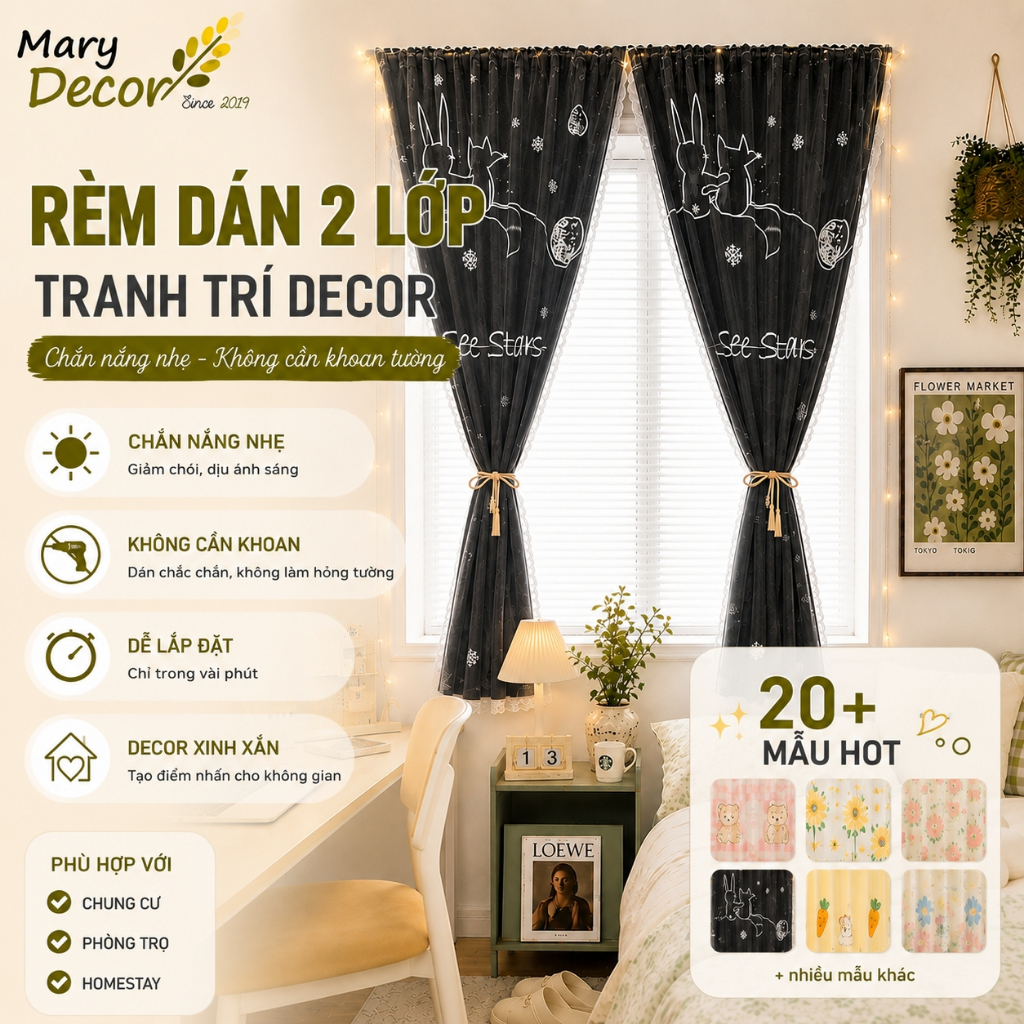 Rèm dán tường 2 lớp chống nắng, rèm dán trang trí cửa sổ, không khoan tường dễ lắp đặt Mary Decor D2