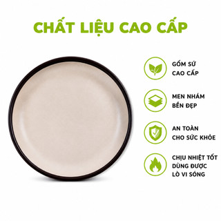 Bộ Đĩa Thái Tròn 2 Màu Mặt Nhám Gốm Sứ Cao Cấp GD93 - Đĩa Sứ Tròn Mặt Nhám Viền Nâu Trang Trí Bàn Ăn