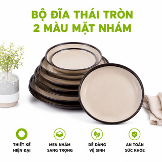 Bộ Đĩa Thái Tròn 2 Màu Mặt Nhám Gốm Sứ Cao Cấp GD93 - Đĩa Sứ Tròn Mặt Nhám Viền Nâu Trang Trí Bàn Ăn