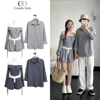 Set Đồ Đôi Nam Nữ Couple Váy Bí Phồng Trễ Vai & Áo Sơ Mi Tay Dài Đi Biển Chụp Ảnh 88003 [GIÁ MỞ BÁN]