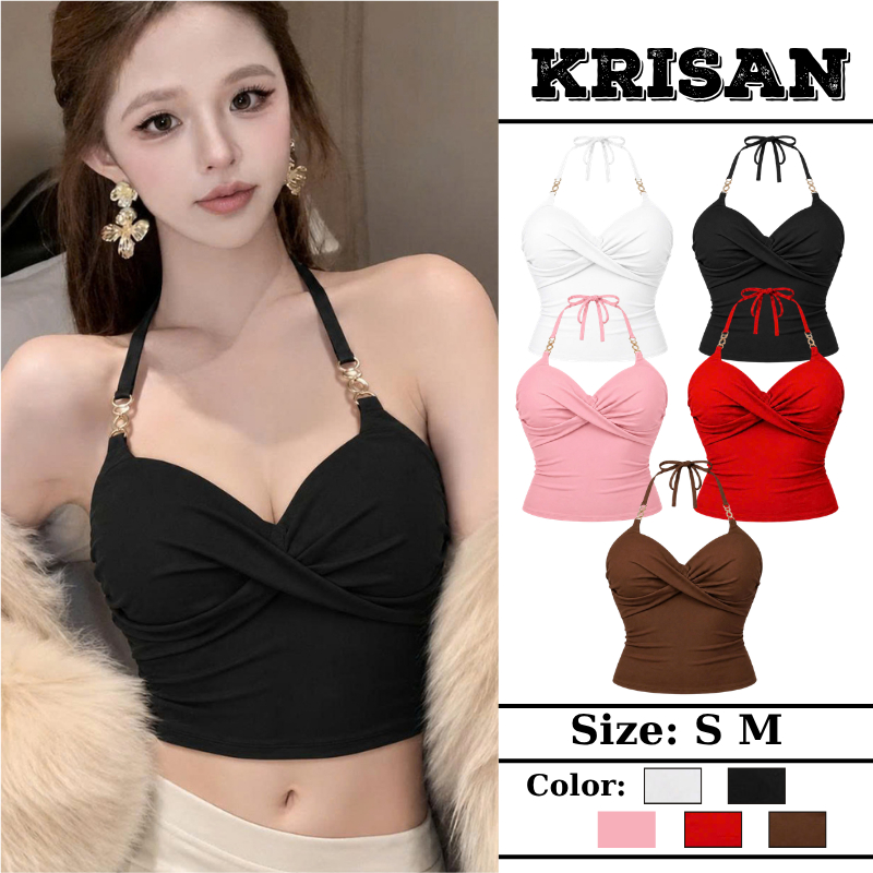 Áo Yếm Nữ KRISAN Có Mút Ngực Dây Cột Cổ Phối Khoen Áo Kiểu Croptop Ôm Body Cổ Tim Xoắn Ngực Sexy Hở Lưng Đi Biển Đi Tiệc