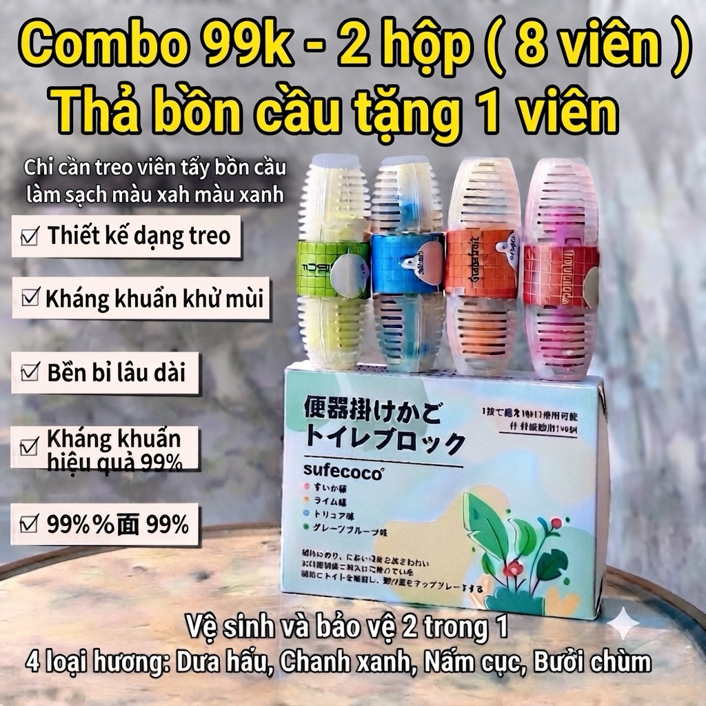 [Mua 2 Tặng 1 ]Viên Treo Bồn Cầu Khử Mùi Toilet Nhật Bản Hộp 4 Mùi| Combo 2 hộp 99k| Treo Toilet Thơm Lâu Kháng Khuẩn