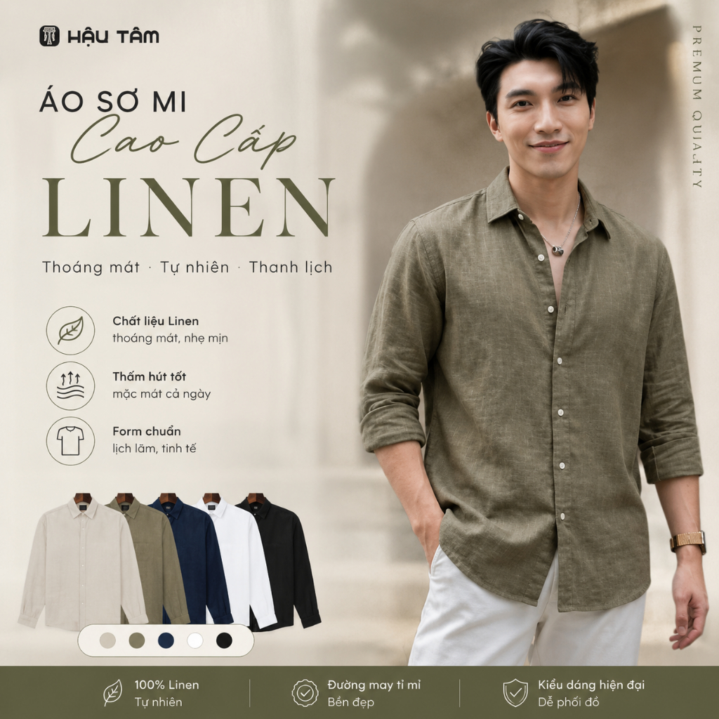 Áo sơ mi nam linen premium cài nút, form đẹp thoáng mát, dễ phối cho đi làm và đi chơi
