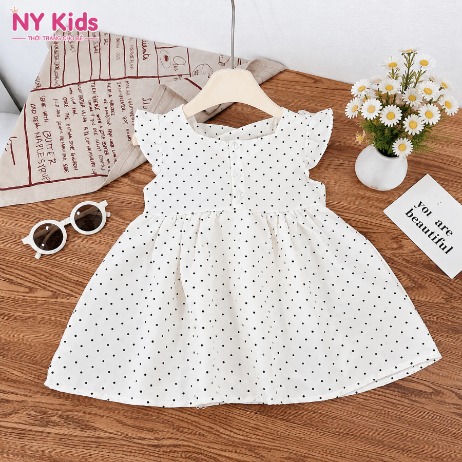 Váy Bé Gái Chấm Bi Nơ Lưng Hở Lưng Đan Dây Tay Bèo Cao Cấp Công Chúa Xòe Xinh Đi Chơi Dự Tiệc K02