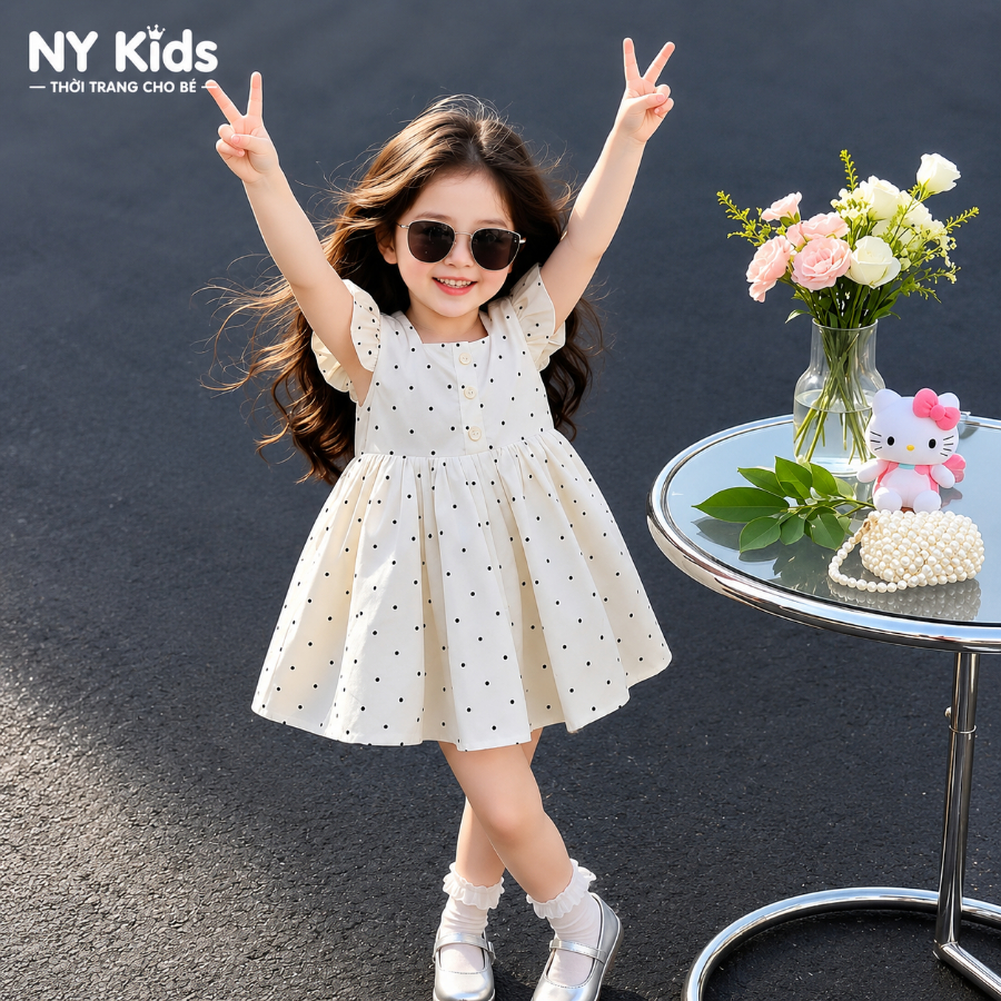 Váy Bé Gái Chấm Bi Nơ Lưng Hở Lưng Đan Dây Tay Bèo Cao Cấp Công Chúa Xòe Xinh Đi Chơi Dự Tiệc K02