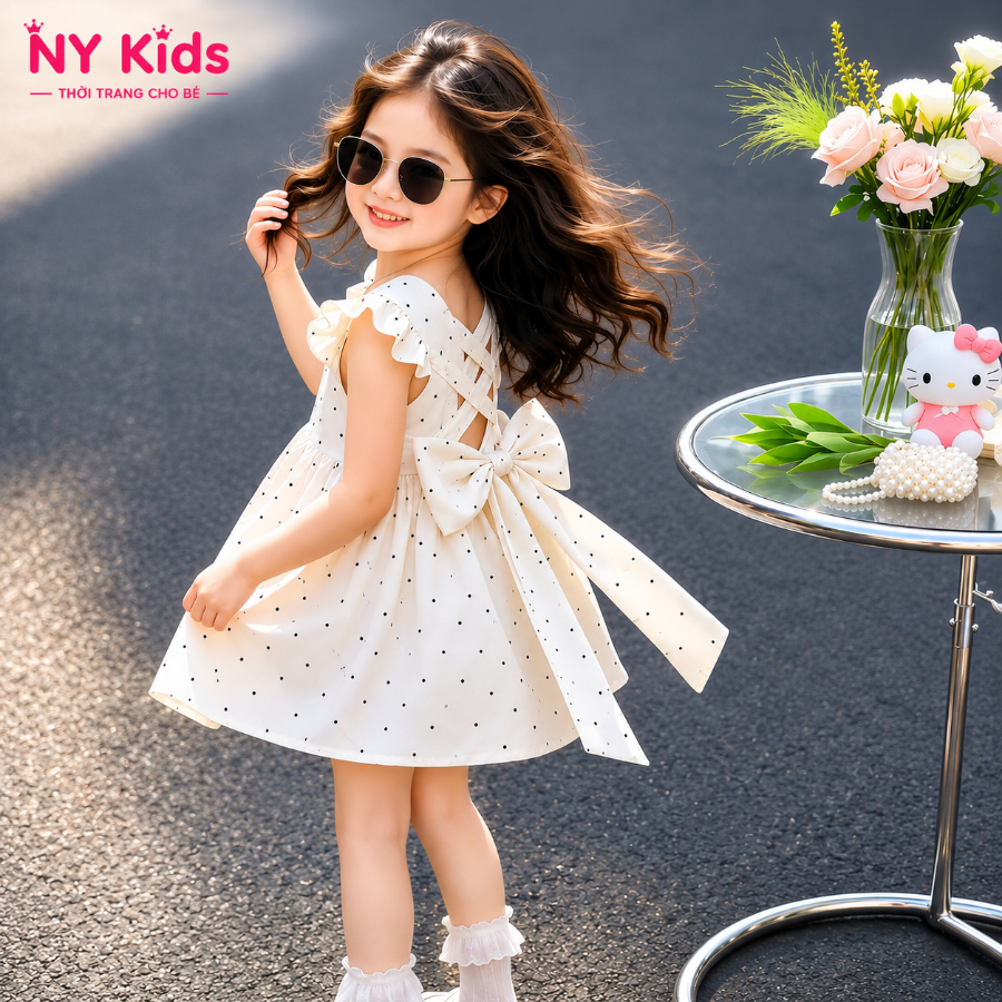 Váy Bé Gái Chấm Bi Nơ Lưng Hở Lưng Đan Dây Tay Bèo Cao Cấp Công Chúa Xòe Xinh Đi Chơi Dự Tiệc K02