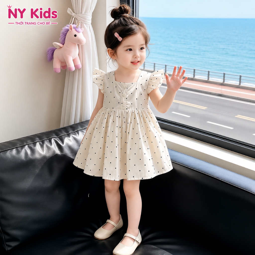 Váy Bé Gái Chấm Bi Nơ Lưng Hở Lưng Đan Dây Tay Bèo Cao Cấp Công Chúa Xòe Xinh Đi Chơi Dự Tiệc K02
