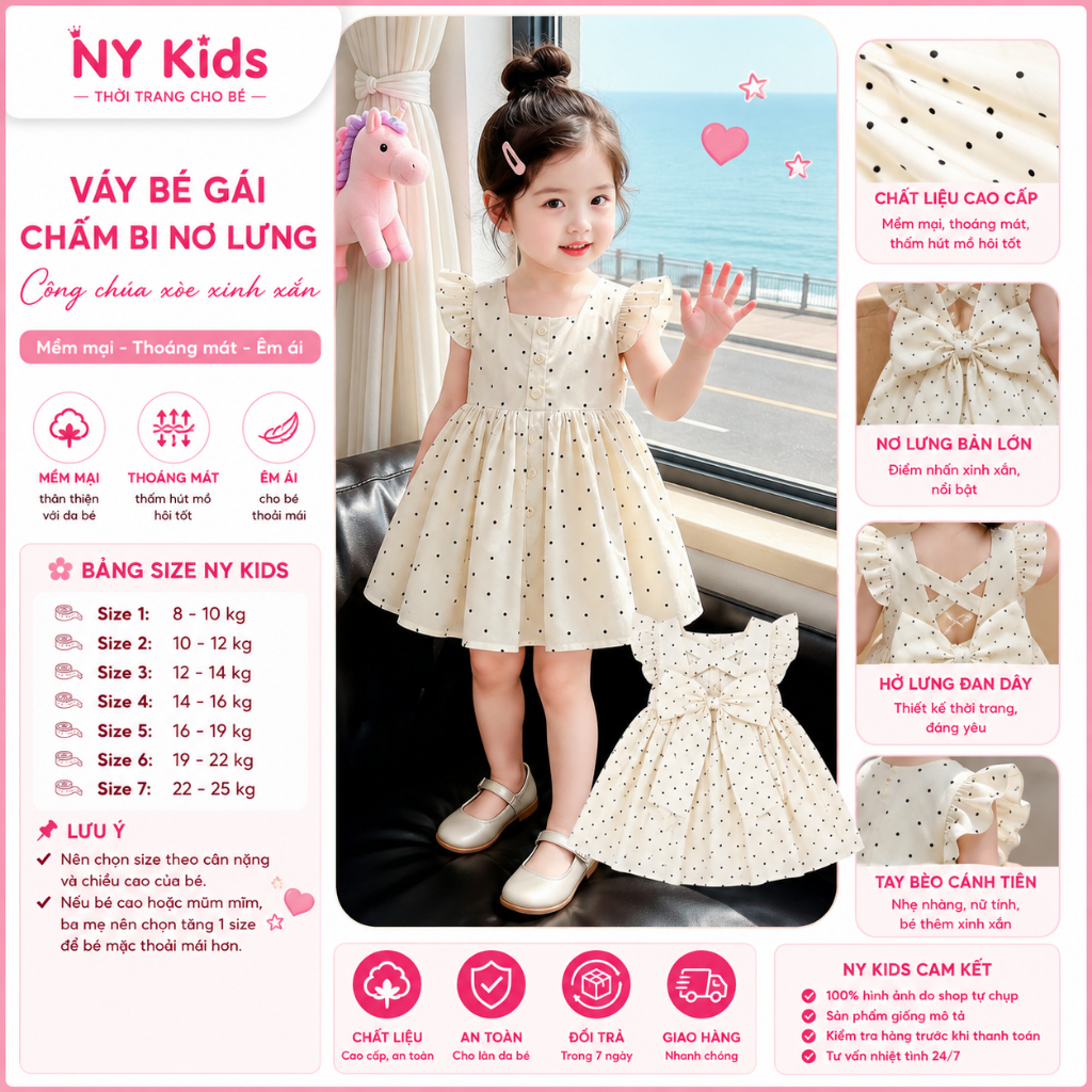 Váy Bé Gái Chấm Bi Nơ Lưng Hở Lưng Đan Dây Tay Bèo Cao Cấp Công Chúa Xòe Xinh Đi Chơi Dự Tiệc K02
