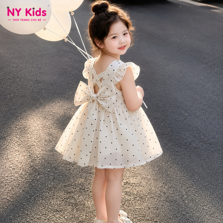 Váy Bé Gái Chấm Bi Nơ Lưng Hở Lưng Đan Dây Tay Bèo Cao Cấp Công Chúa Xòe Xinh Đi Chơi Dự Tiệc K02