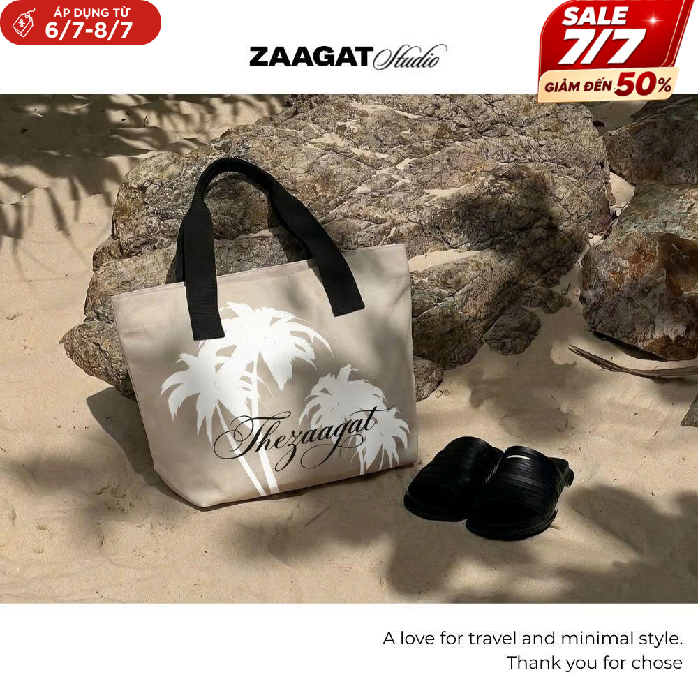 [SIÊU SALE] Túi Tote Canvas ZAAGAT Studio Unisex Họa Tiết Cây Dừa Phong Cách Minimal Đi Học Đi Chơi