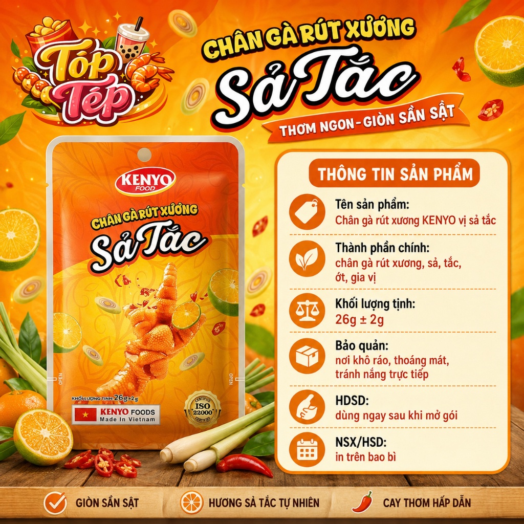 Combo 1/3/5 Túi Chân gà rút xương KENYO vị sả tắc 26g - Ăn Vặt Cay Ngon