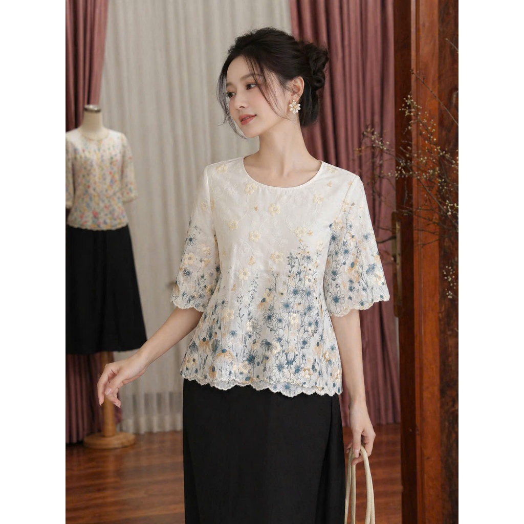 Áo Kate Vy Anh Fashion Thiết Kế Thêu Hoa AN3978, Dáng Suông Che Bụng, Nhẹ Mát, Mặc Đi Chùa
