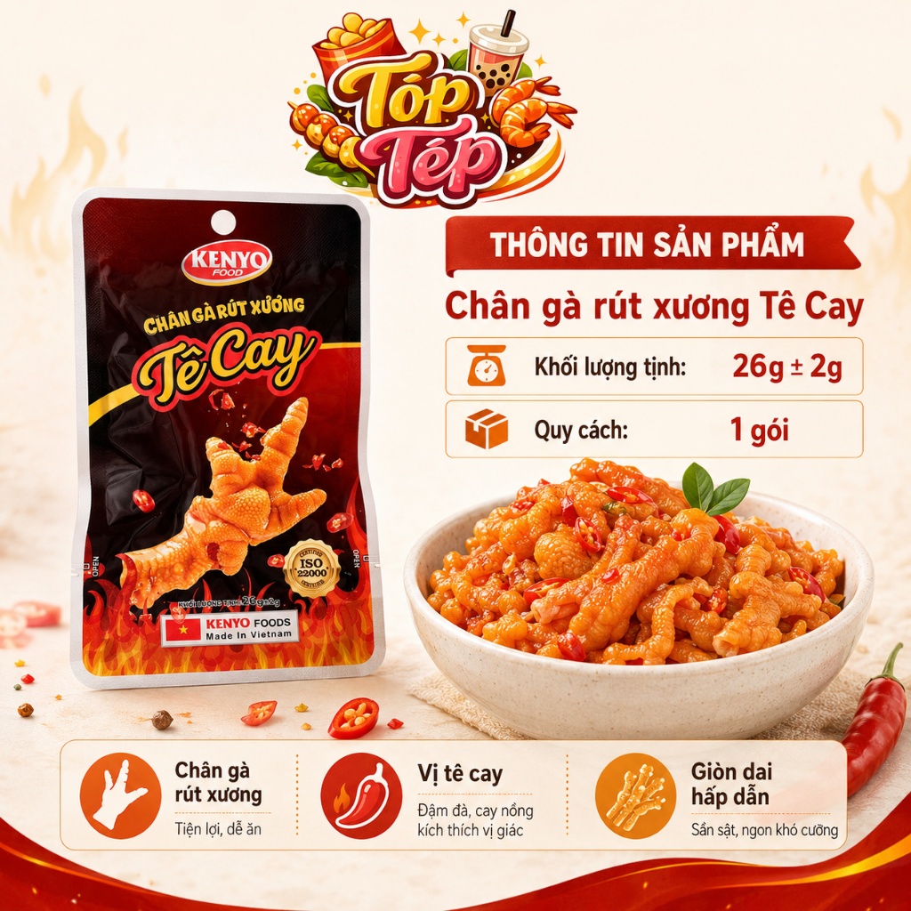 Combo 1/3/5 Túi, Chân gà rút xương KENYO vị tê cay 26g - Ăn Vặt Cay Ngon