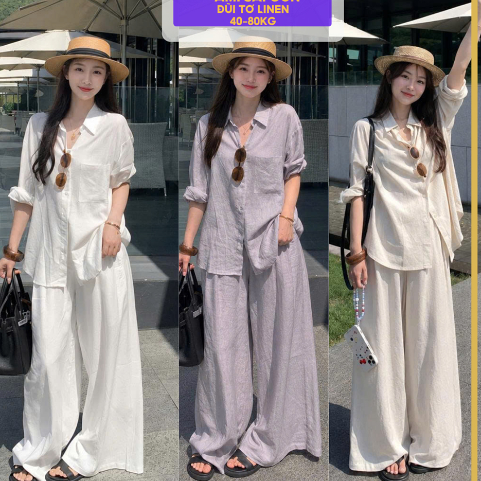 Set Sơ Mi Trắng Mix Quần Ống Suông Hàng Cao Cấp, Set Đồ Nữ Phối Đồ Đi Chơi, Đi Biển Siêu Xinh