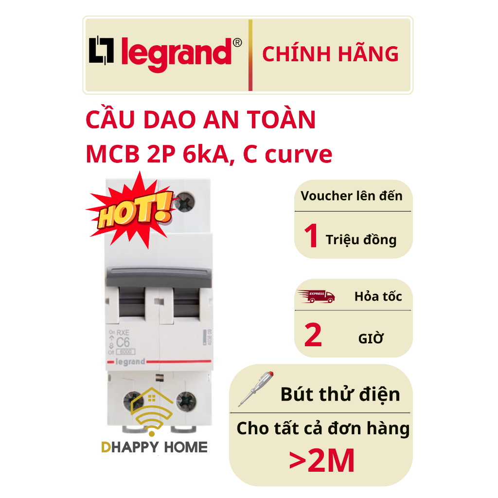 Cầu dao an toàn Aptomat Legrand MCB 2P 6kA, C curve dòng RXE