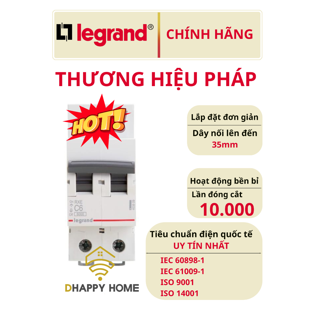 Cầu dao an toàn Aptomat Legrand MCB 2P 6kA, C curve dòng RXE