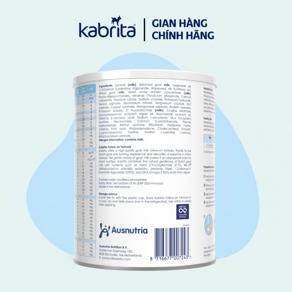 Combo 2 Lon Sữa dê Kabrita số 2 FOLLOW-ON FORMULA, lon 800g x2,  cho trẻ 1-2 tuổi, Nhập khẩu Hà Lan