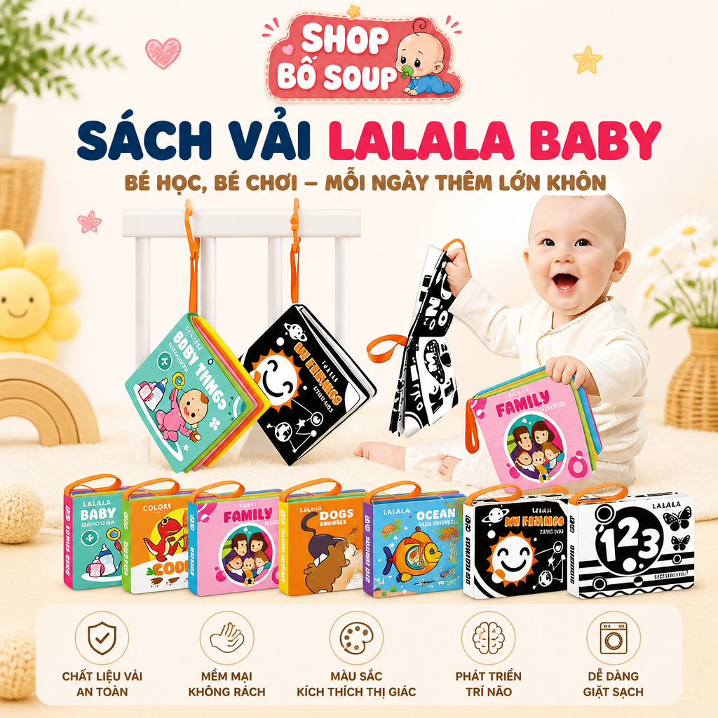 Sách vải mini cho bé, Sách vải song ngữ kích thích giác quan kích thước 11x12cm, 8 mặt, an toàn tuyệt đối cho bé