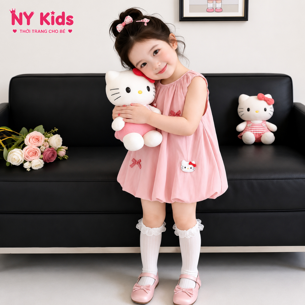 Váy Bé Gái Dáng Bí Phồng Đính Hình Mèo Dễ Thương, Đầm Sát Nách Chất Đũi Hàn Thoáng Mát Cho Bé C11