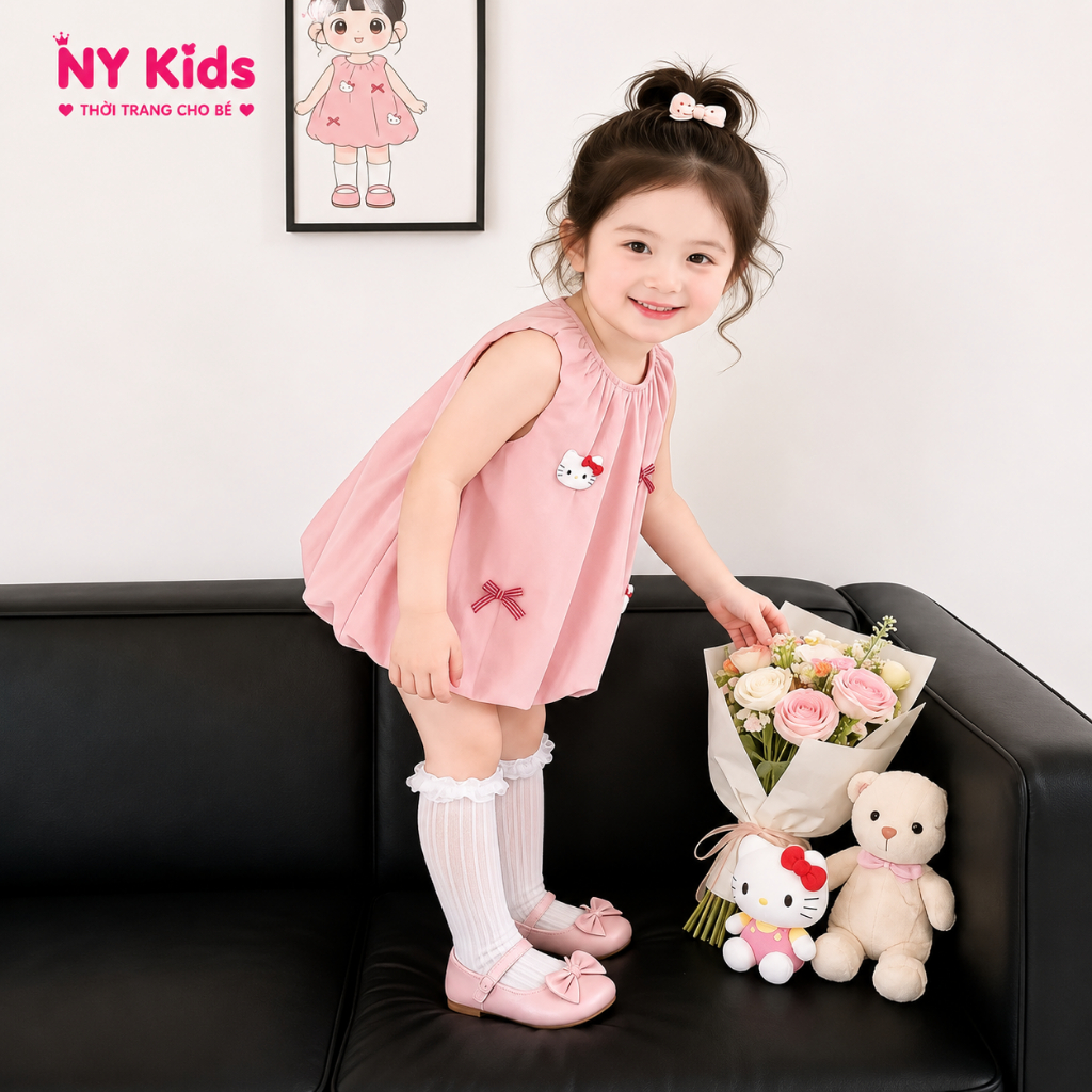 Váy Bé Gái Dáng Bí Phồng Đính Hình Mèo Dễ Thương, Đầm Sát Nách Chất Đũi Hàn Thoáng Mát Cho Bé C11