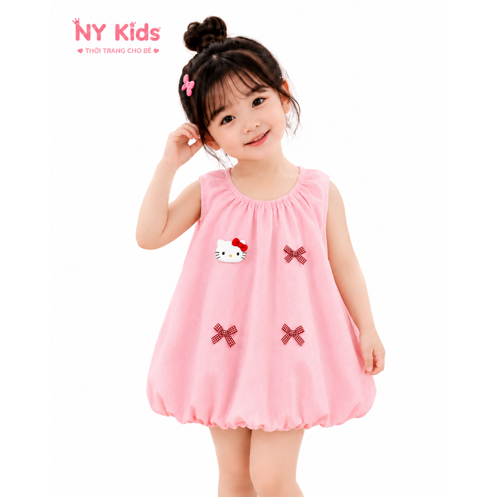Váy Bé Gái Dáng Bí Phồng Đính Hình Mèo Dễ Thương, Đầm Sát Nách Chất Đũi Hàn Thoáng Mát Cho Bé C11