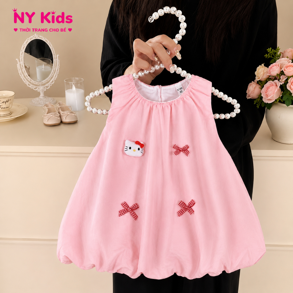 Váy Bé Gái Dáng Bí Phồng Đính Hình Mèo Dễ Thương, Đầm Sát Nách Chất Đũi Hàn Thoáng Mát Cho Bé C11
