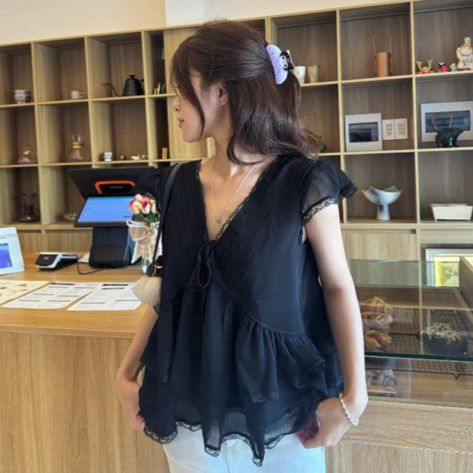 Áo Babydoll Kiểu Nữ Phối Ren Xếp Ly Bèo Tầng Phong Cách Hàn Quốc Mùa Hè Kimee - KA893