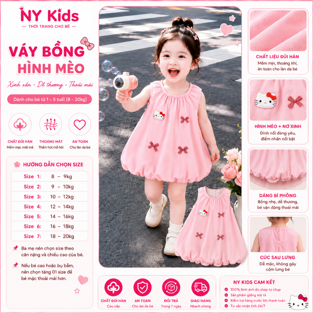 Váy Bé Gái Dáng Bí Phồng Đính Hình Mèo Dễ Thương, Đầm Sát Nách Chất Đũi Hàn Thoáng Mát Cho Bé C11