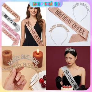Sash Đeo Chéo HPBD Kèm Cài Happy Birthday Mạ Ánh Kim Nhà Bo, Băng Đô Sinh Nhật Ánh Kim