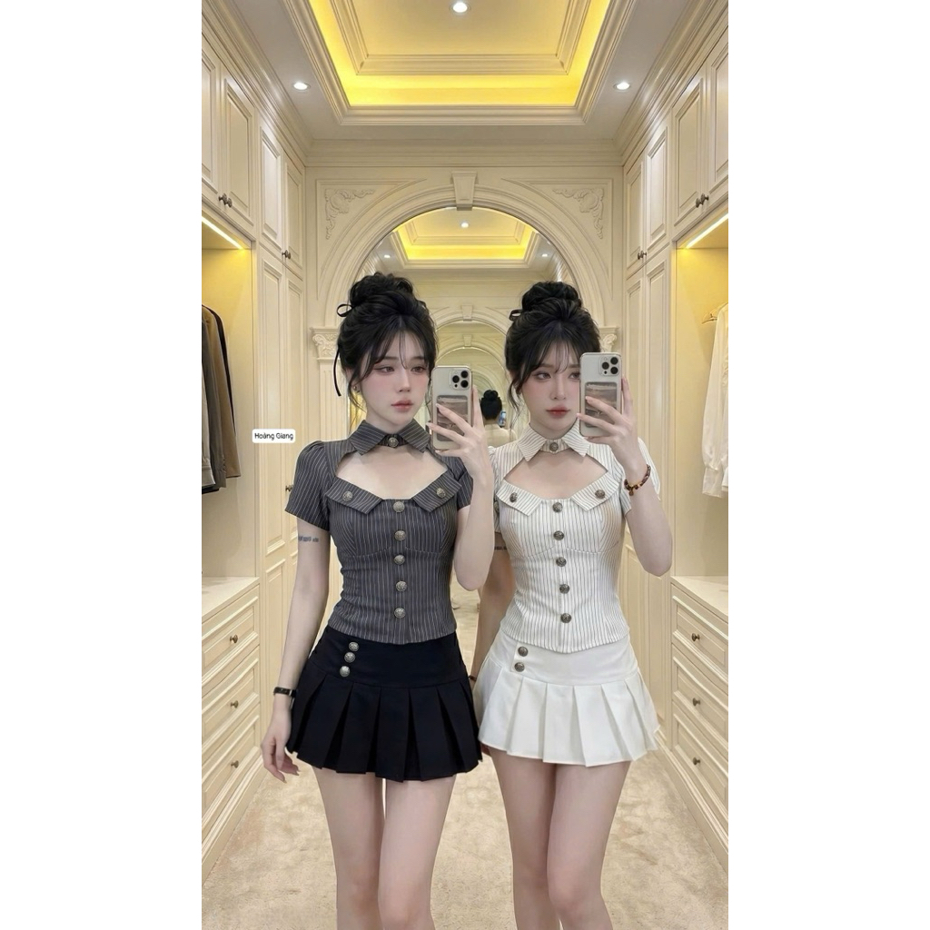 Set áo kẻ mix chân váy xếp li phối cúc siu chất