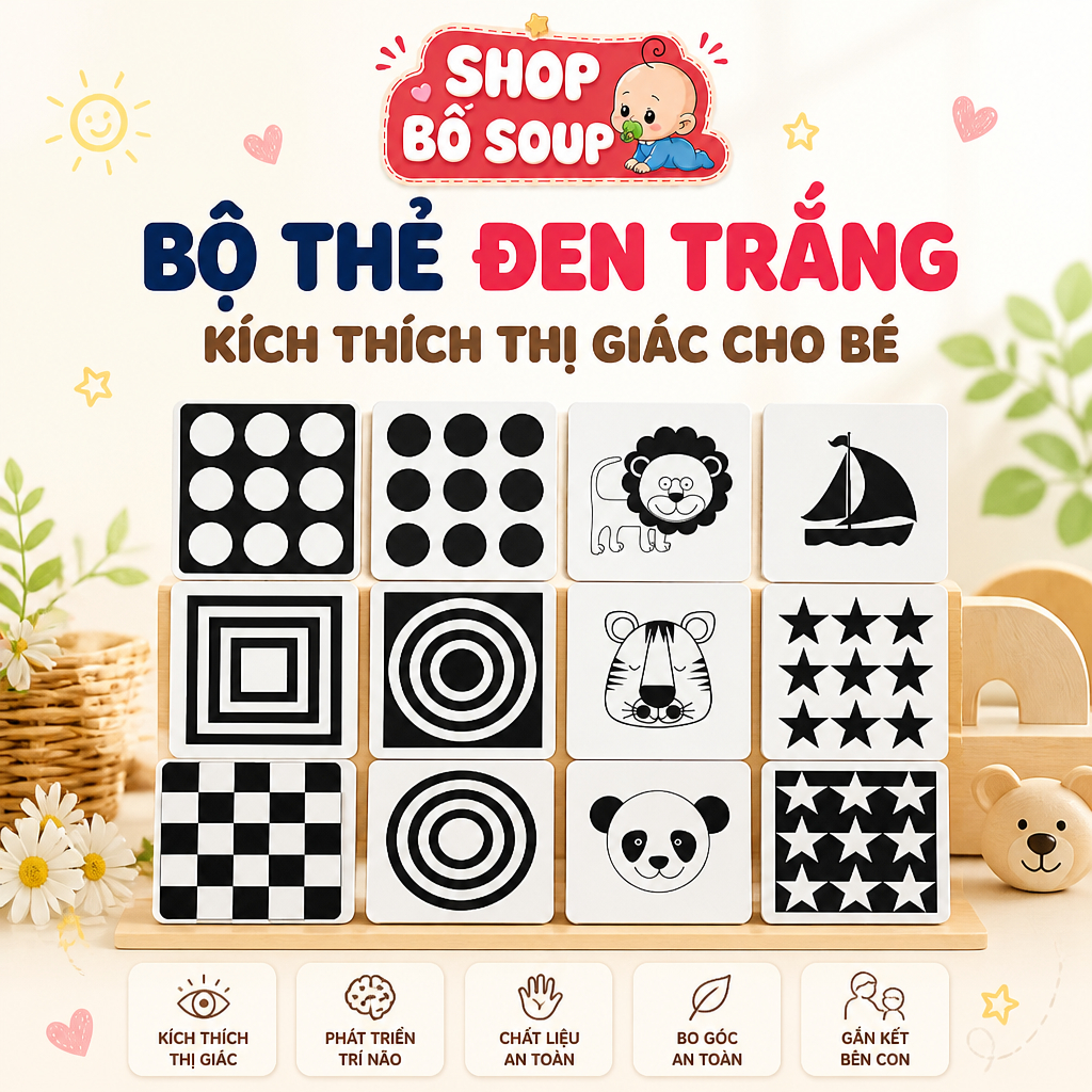Flashcard cho bé, thẻ học Glenn Doman kích thích thị giác cho trẻ sơ sinh Shop Bố Soup (Thẻ đen trắng)