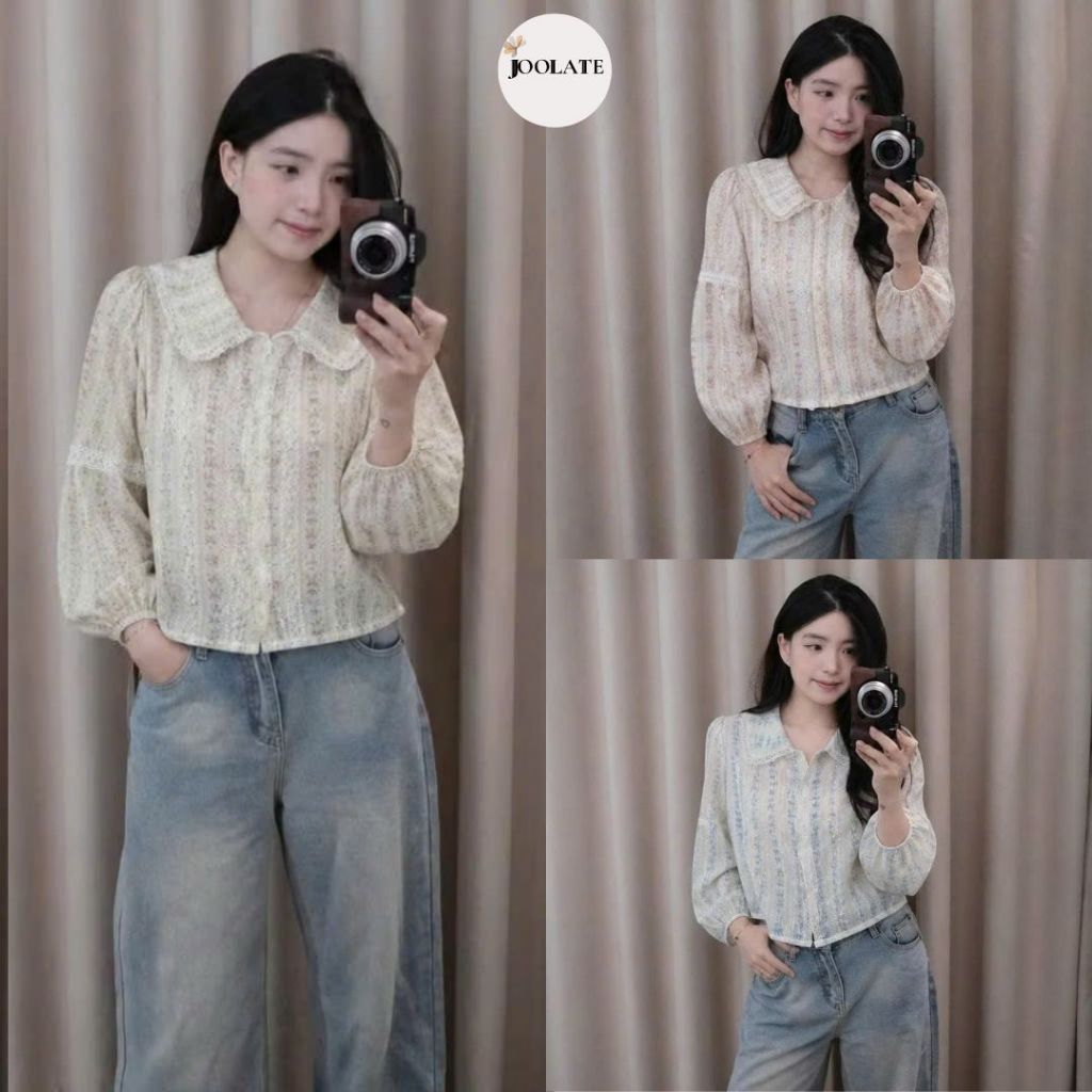 Áo Sơ Mi Nữ Tay Bồng Chất Thô Boi Hoa Dáng Croptop Viền Ren Vintage Thanh Lịch Joolate 1620