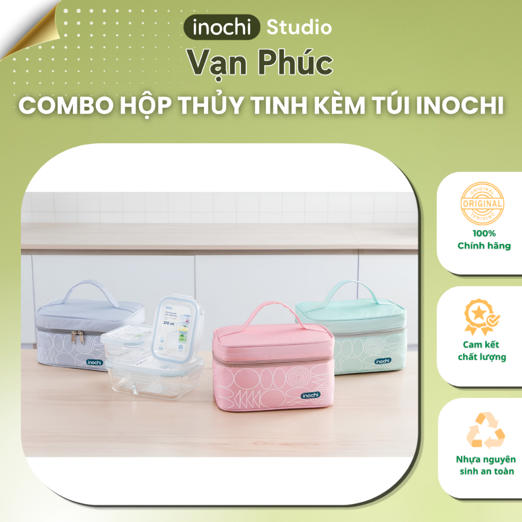 Combo hộp thủy tinh kèm túi Inochi, túi cao cấp giữ ấm tốt, thủy tinh sử dụng được trong lò vi sóng