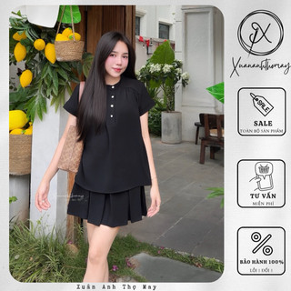 [ S15 ] set áo cổ tàu đen + chân váy ngắn xếp ly  - Xuananhthomay