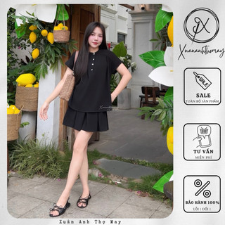 [ S15 ] set áo cổ tàu đen + chân váy ngắn xếp ly  - Xuananhthomay