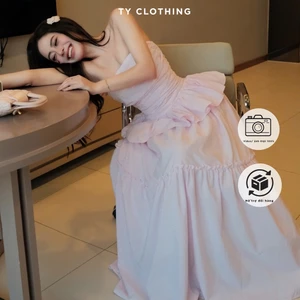 Set áo hồng nhún bèo chân váy dáng dài - Kèm Tang Hoa - Hàng Thiết Kế - TY CLOTHING
