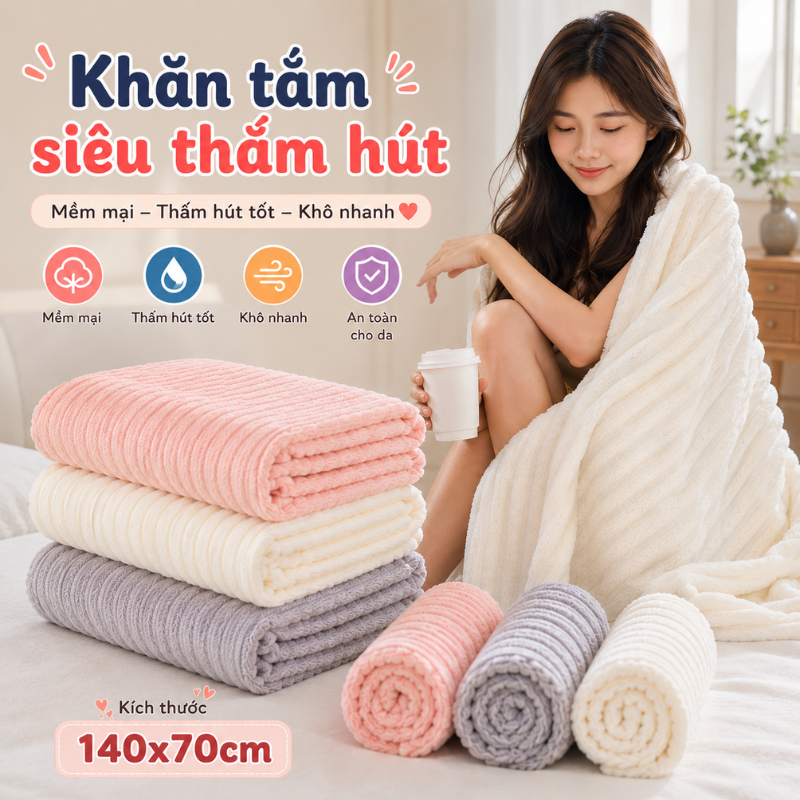 [HÀNG LOẠI 1] Khăn Tắm Microfiber Siêu Thấm Hút Dạng Sóng Nước Mềm Mại, Dày Dặn, Không Rụng Lông